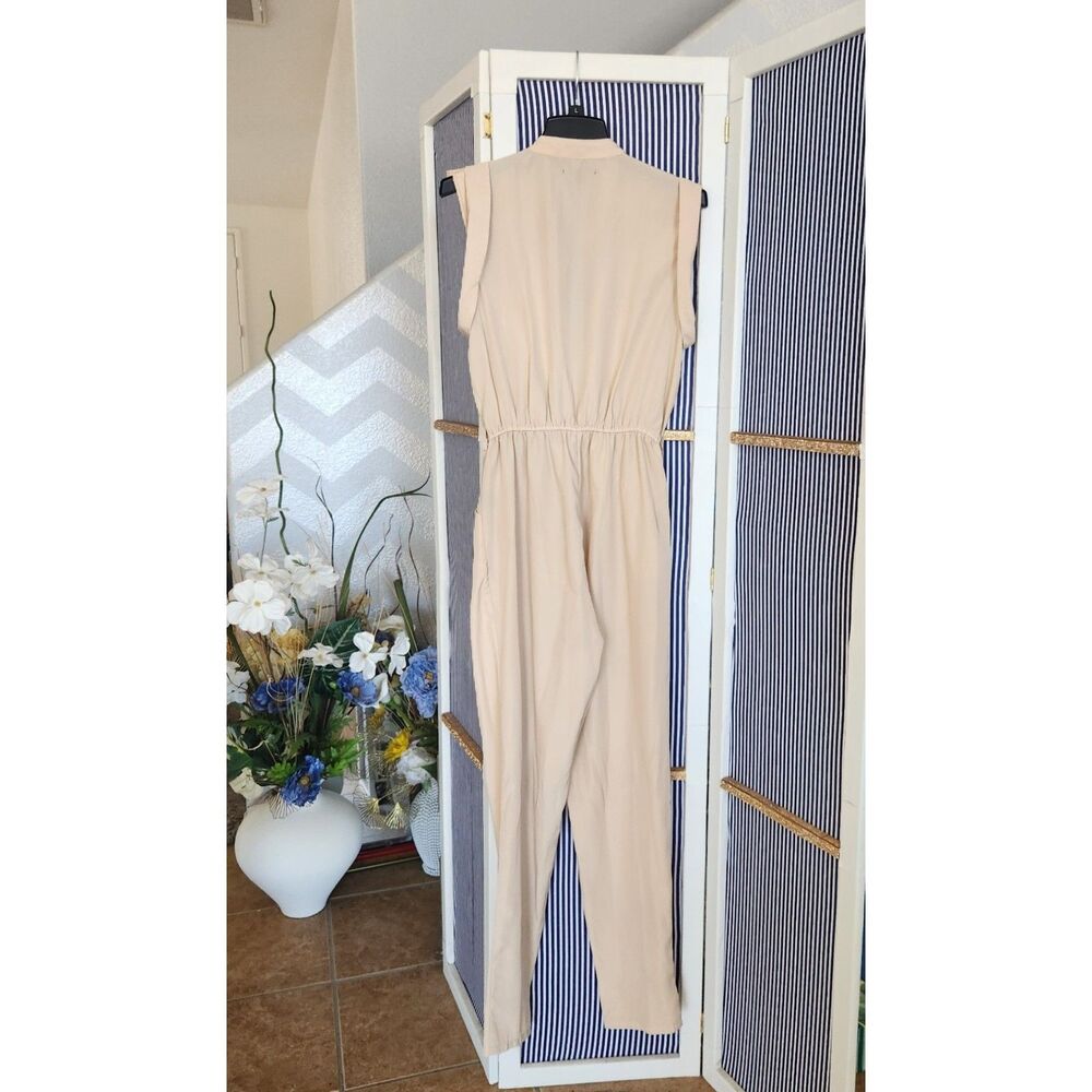 Lightweight Belted Straight Leg Jumpsuit - Tan/ Cream - Picture 3 of 4